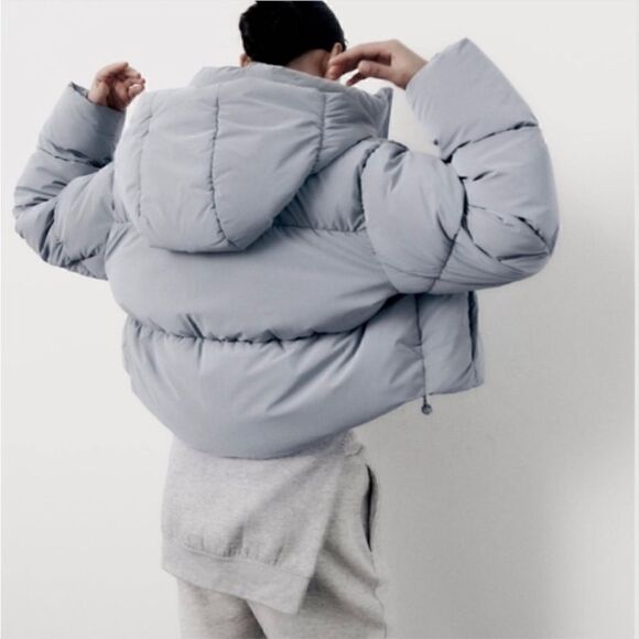 Zara Anorak Gray Puffer Water Repellent Cropped Size XS - Picture 2 of 9